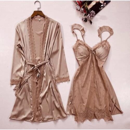 2PCS Lace Robe Sets Sexy Women Bathrobe Nightgown Bride Wedding Dressing Gown Kimono Strap Nightie Nightdress With Bra Sleepwear