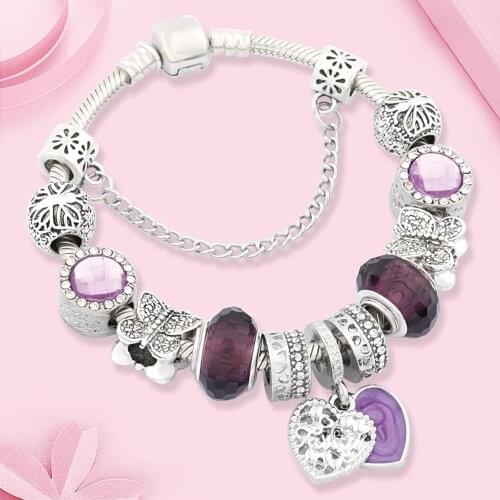 Leabyl Classic Purple Enamel Heart Pendant Bead Bracelets Silver Color Butterfly Charm Bracelet Purple Crystal DIY Jewelry Gift
