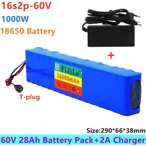 New 60V 16S2P 28Ah 18650 Li-ion Battery 67.2V 28000mAh Ebike Electric Bicycle Scooter With BMS 1000Watt T Plug With+ Charger