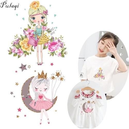Pulaqi Fashion Cartoon Cute Girl Iron-on Transfers Embroidered Patches For Clothes DIY Heat Transfer For Women T-shirt Decor F