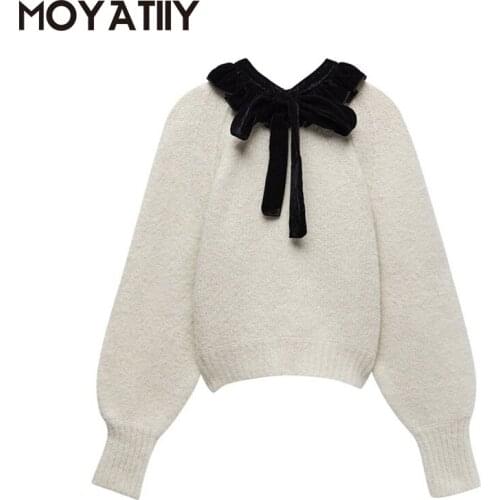 MOYATIIY Fashion Women Sweaters Autumn Winter Thick Warm Wool Blend Pullovers Sweet Bow-knot Tie Female Tops Lantern Sleeve