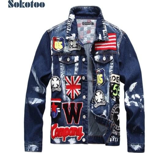 Sokotoo Mens flag letters patch design painted denim jacket Slim fit skull badge patchwork long sleeve jean coat Outerwear