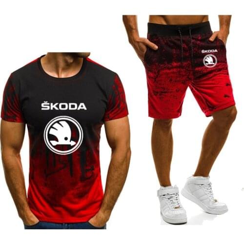 New Summer Mens T-shirt and Shorts Suits Skoda Car Logo Printed Casual Gradient High Quality Mens T-Shirt Suit 2Pcs d