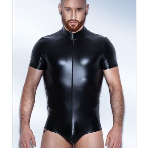 Black Faux Leather Catsuit Sexy Lingerie for Men Spandex Bodysuit Hot Clubwear Erotic Male Costume XXL XXXL Plus Size