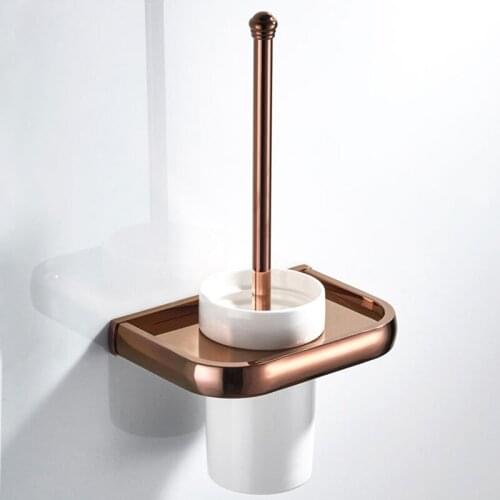 Rose Gold Brass Toilet Brush Set Toilet Brush Holder With Ceramic Brush Cup Wall Mounted Bathroom Tools