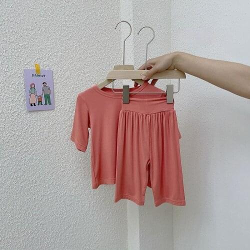 Summer Children Pajamas Suit 2021 New Thin Pure Color Soft Cotton Suit Girls and Boys High Waist Pajamas Comfortable Home Suit