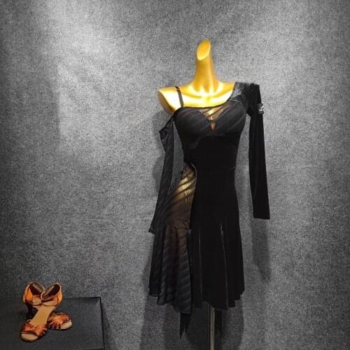 Perspective Gauze Stitching Dress for Lady Latin Dance Wear Off Shoulder Irregular Dancewear Adult Practice Cloth Long Sleeve