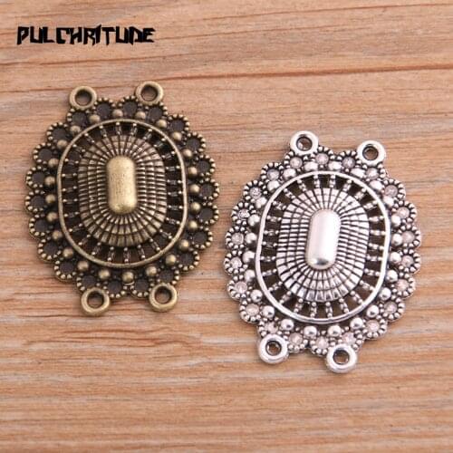 PULCHRITUDE 6pcs 28*36mm Retro Two Color Zinc Alloy Hollow Oval Pendants Connectors Linker For DIY Charm Jewelry Accessorie