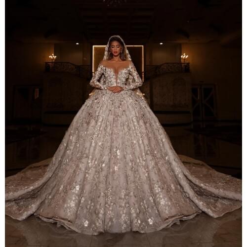 Luxury Royal Dubai Wedding Dresses Long Sleeves Floral Appliques Sheer Neck Puffy Bridal Gowns 2021 vestidos de la celebridad