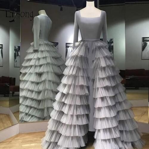 Modest Gray 2 Pieces Evening Dresses With Detachable Train Long Prom Gowns Full Sleeves 2020 Vestidos De Festa