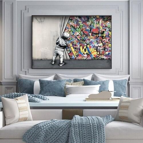 Modern Fashion Canvas painting Behind The Curtain Graffiti Street Art Pictures Kids Wall Multicolor Prints Posters Home Decor