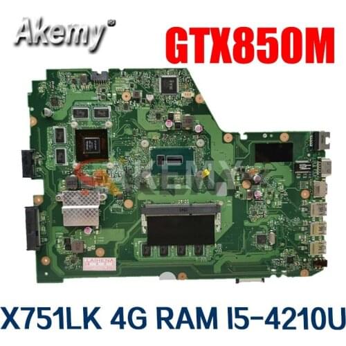 X751LK Main board X751LK GTX850M i5-4210 CPU 4GB RAM Mainboard REV 2.0 For Asus X751LK X751LKB X751L A751L Laptop motherboard