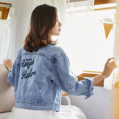 Ladies Denim Jackets Women Spring Embroidery Letters Long Sleeve Casual Denim Short Jacket Female Jeans Coat Outerwear HOWDFEO