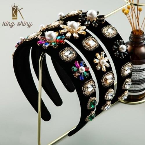 Charm Baroque Colorful Crystal Headband for Woman Vintage Big Simulated Pearl Floral Designer Hair Band Woman Party Hair Jewelry