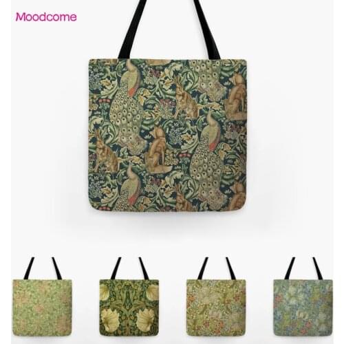 UK William Morris Pattern Art Flower Leaf Pattern Woman Fashion Shoulder Carrying Bag Water Resistant Foldable Linen Canvas Bag