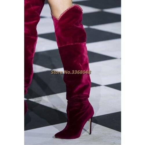 Burgundy Velvet Slouchy Thigh High Boots Stiletto Thin Hihg Heel Winter Women Long Boots Pointed Toe Suede Boots Ladies Runway
