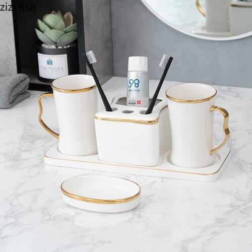 Golden Fringe Ceramic Bathroom Accessories Set Portable Soap Dispenser Toothbrush Holder Mouth Cup White Porcelain Bath Supplies