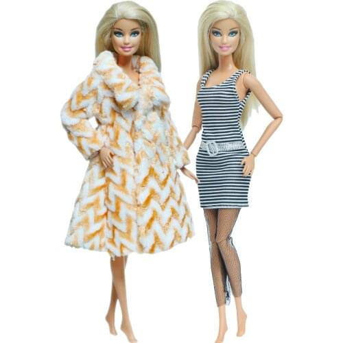 2 Set/Lot High Quality Doll Outfits Cotton Fur Coat Winter Jacket + Mini Dress Stockings Clothes for Barbie Doll Accessories Toy