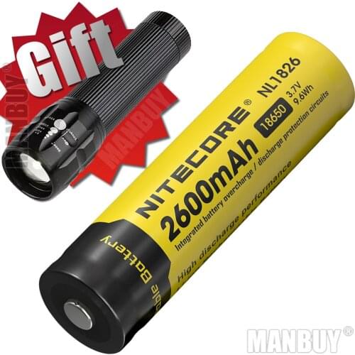 2020 NITECORE NL1826 2600mAh 3.7V 9.6Wh Protected 18650 Li-ion Rechargeable Battery Button Top High Drain Device FREE FLASHLIGHT