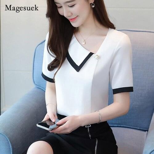 White Shirt Summer Shirt Short Sleeve Chiffon Blouse Fashion Solid Color Slash Neck Tops Women Office Lady Style Blusa 2021 9203