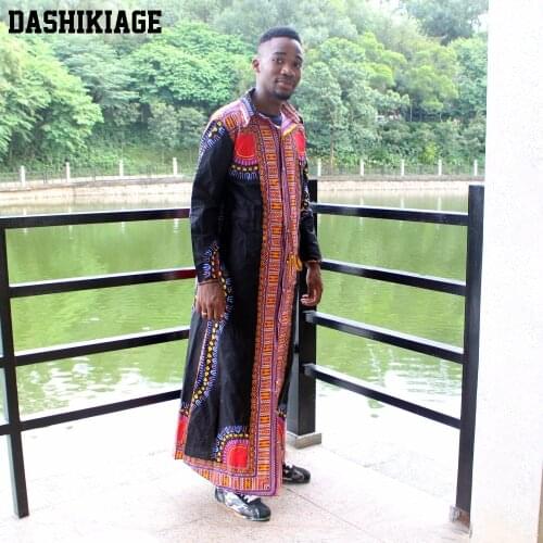 Dashikiage Unisex New fashion Bazin Long Shirt African Long Sleeve Kaftan Dashiki With Girdle Belt