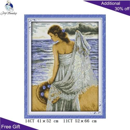 Joy Sunday Seaside Beauty Needlepoints R358 Counted and Stamped Seaside Girl Embroidery Cross Stitch kits for Home Decoration