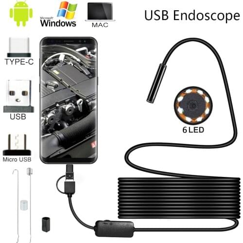 3 In 1 Mini Endoscope Camera IP67 Waterproof 5.5mm 1-10M USB Endoscope Borescope Inspection Camera with 6 LEDs for Android PC