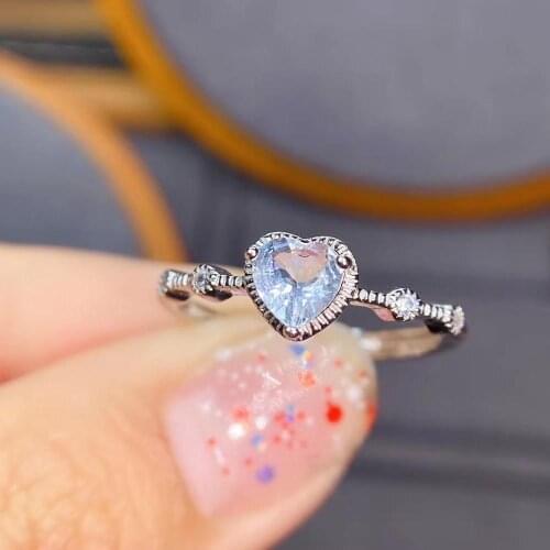Heart style Aquamarine gemstone ring real 925 silver beautiful Jewelry for women natural gem girl birthday gift love date