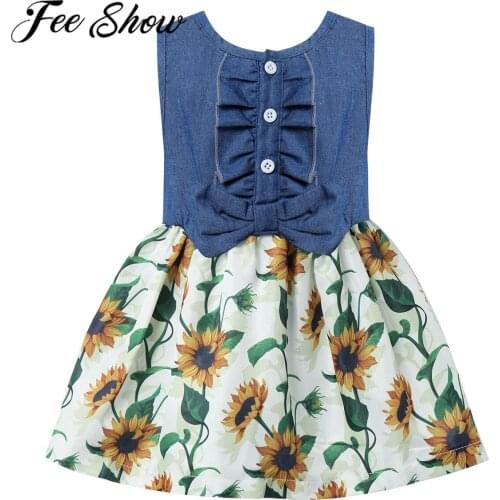 Summer Infant Baby Girls Dress Sleeveless Newborn Ruffled Lace Dresses Printed sunflower Baby Clothes Princess Toddler Dress