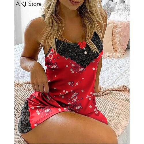 Summer Loungewear Lace Floral Print Mini Square Neck Spaghetti Strap Nightgown Lace Bowknot Dress
