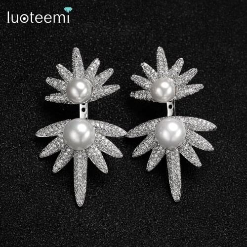 LUOTEEMI European Fashion White Gold Color Imitation Pearls with CZ Crystal Micro Charm Sun Flower Big Stud Earrings For Women