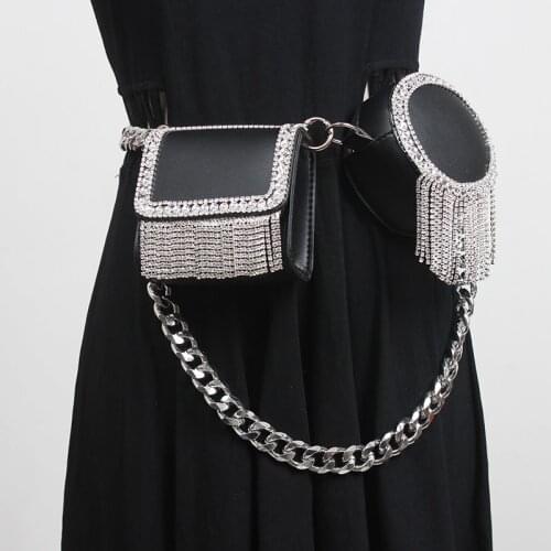SeeBeautiful Metal Long Chain PU Leather Removable Bag Rhinestone Tassel Waist Belts Girdle New Fashion 2021 Spring Women M973