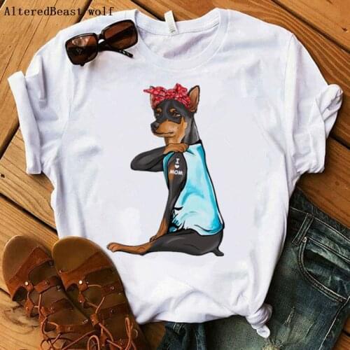 Miniature Pinscher I Love Mom Tshirt Women Harajuku Printed Bandana Mom Summer O-neck T Shirt Short Sleeve Casual T-shirt Female