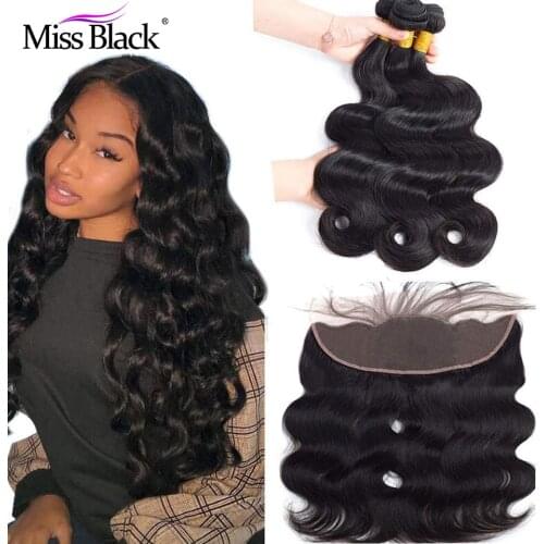 Miss Black Brazilian Hair Weave Bundles With Frontal Deal Body Wave Human Hair 13x4 Swiss Lace Frontal Closure with Bundles