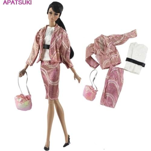 Fashion Doll Clothes Set for Barbie Doll Outfits Pink Coat Shirt Skirt Handbag Bag Party Costume 1/6 Dolls Accessories Kid Toy