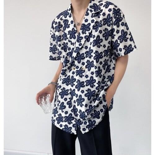 Summer Mens Loose Casual Short Sleeve Suit Style Collar Flower Shirts Tops Male Korean Streetwear Vintage Fashion Beach Shirt