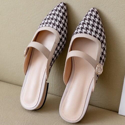 Womens genuine leather bordered fabric patchwork pointed toe slip-on flats mules leisure soft comfortable slides summer shoes