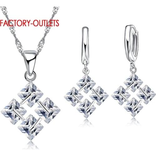New Classic 4 Clear CZ Square Design 925 Pendant Necklaces Earrings Wedding Bridal Jewelry Set For Women