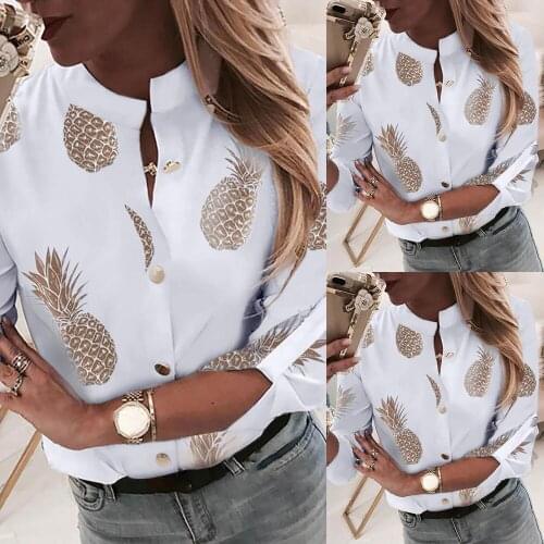 Autumn Womens Ladies Casual Tops Long Sleeve Button V Neck Elegant Pineapple Floral Business Shirts