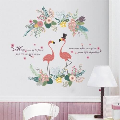 Couple Flamingo Bird With Flower Vine Wall Sticker For Shop Bedroom Living Room Home Decor Safari Mural Art Diy Pvc Decal