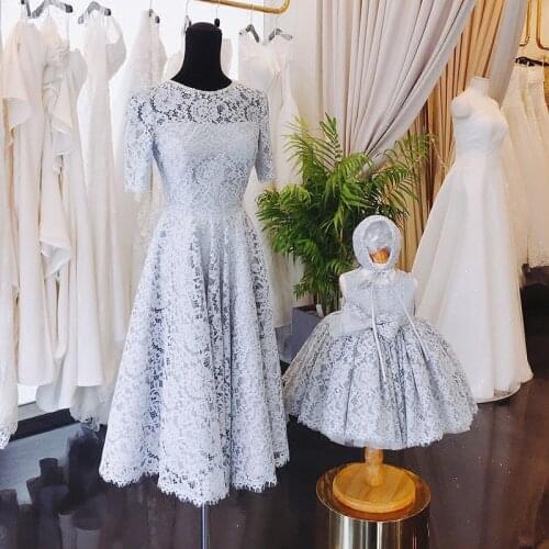 Mama and Daughter Dress 2018 Matching Mother Daughter Clothes Family Look Mommy and Me Plus Size Lace Party and Wedding Dress