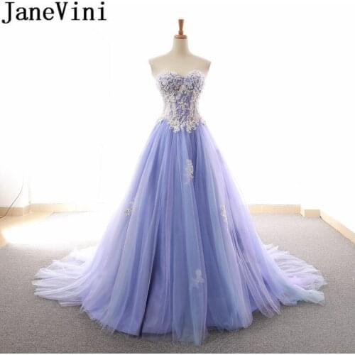 JaneVini Lavender Beaded Junior Prom Dresses Long Sweetheart Lace Applique Bridesmaid Dresses Backless Tulle Wedding Guest Dress