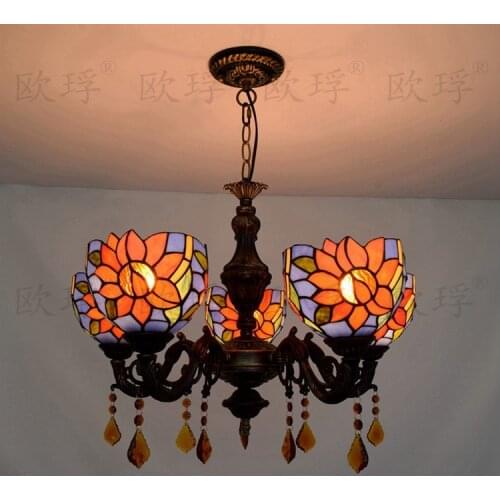 Blue sunflower 5 heads Living room dining room bedroom Crystal lamps Tiffany Stained glass Restaurant Pendant Lights E27