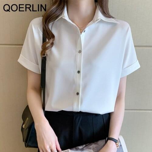 QOERLIN Summer White Satin Tops Shirts Women Short Sleeve Shirt Female Formal Polo Formal Blouse Office Ladies Plus Size S-2XL