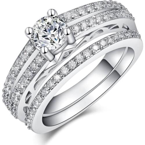 Silver Color Double Ring Sets for Women Pave AAA Zircon Stone Wedding Jewelry Engagement Ring Bridal Jewelry