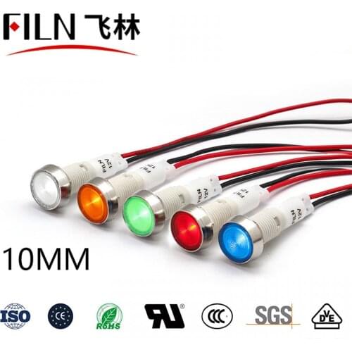 FILN 10mm 12v 24v 220v 110v red signal lamp indicator light with Various Length for water boiler