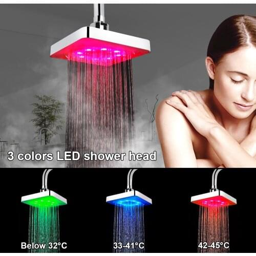Ultra-Quiet 7 Colors Gradual Changing Square Fixed Showerhead LED Shower Head Rainfall Top Spray 3 colors Temperature Sensor