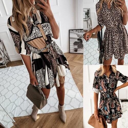 Women Autumn Turn-down Collar Leopard Patchwork Print Long Sleeve Mini Dress 2020 new