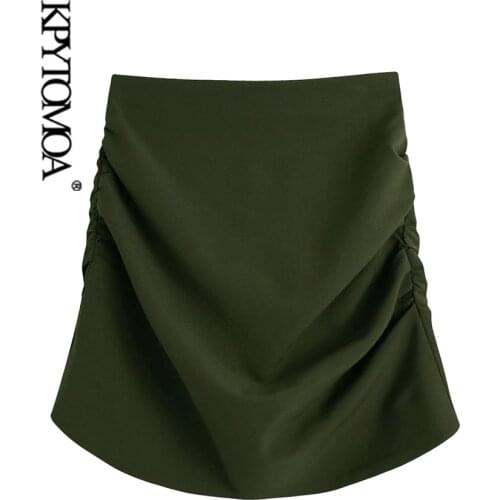 KPYTOMOA Women 2021 Fashion With Side Pleated Mini Skirt Vintage High Waist Back Zipper Female Skirts Mujer