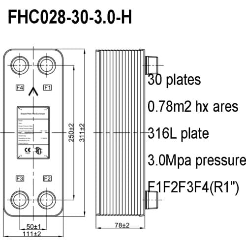0.78m2 Heat Transfer Areas 30 Plates 316L Stainless Steel Customized Brazed Plate Heat Exchanger with R1" Fitting
